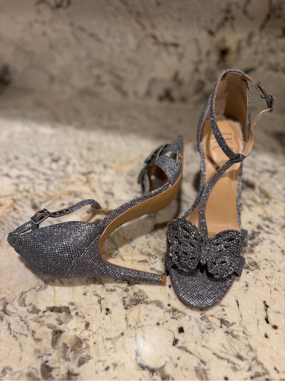 INC International Concepts Silver Glitter Butterfly T-Strap Sandals